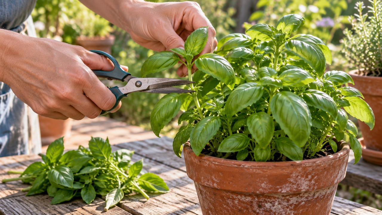 Poda de un tallo de albahaca por encima de un par de hojas
