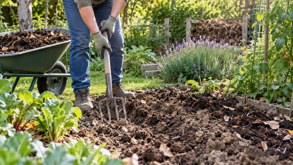 Aireación del suelo del jardín con una horca
