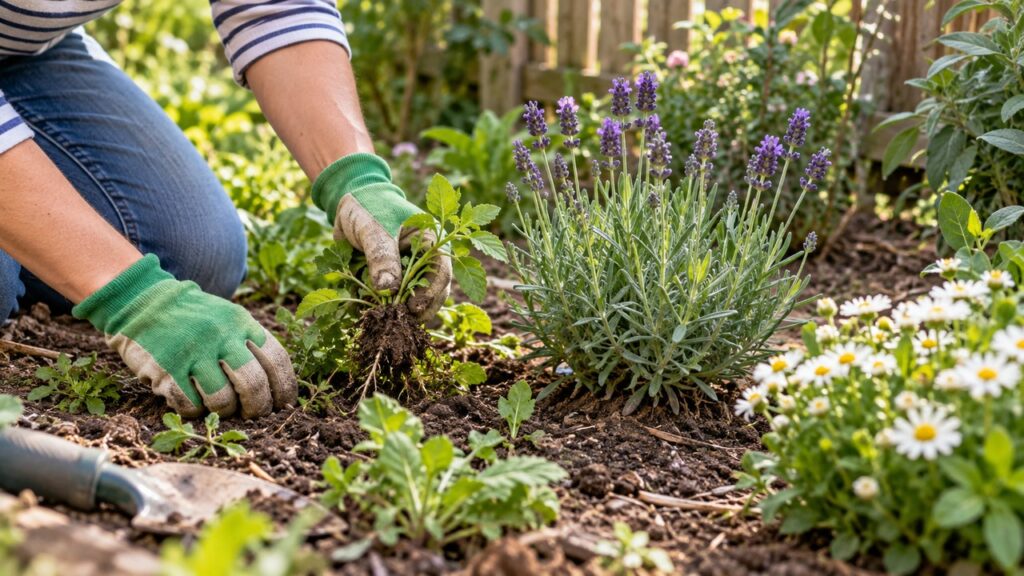 Retirada manual de malas hierbas junto a plantas del jardín
