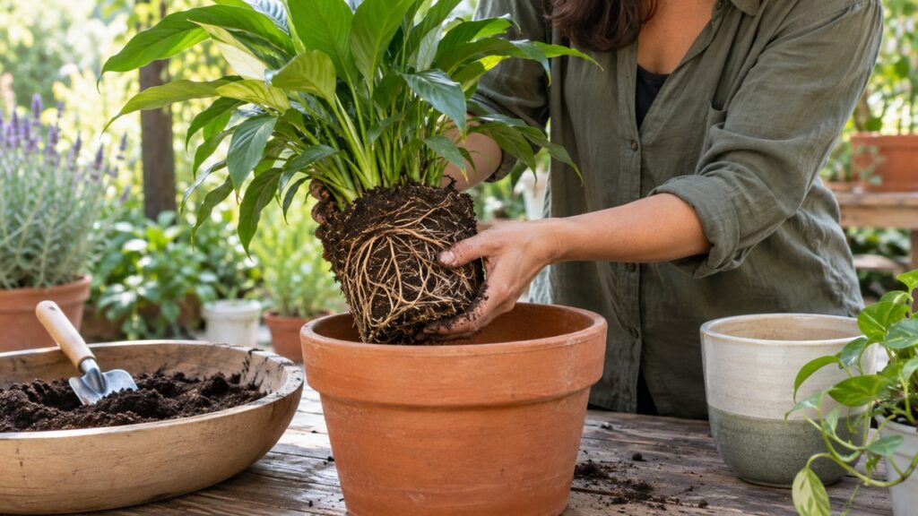 Trasplante de una planta sosteniendo el cepellón con ambas manos