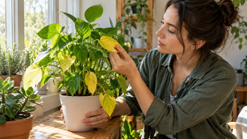 Revisión de las hojas de una planta junto a una ventana