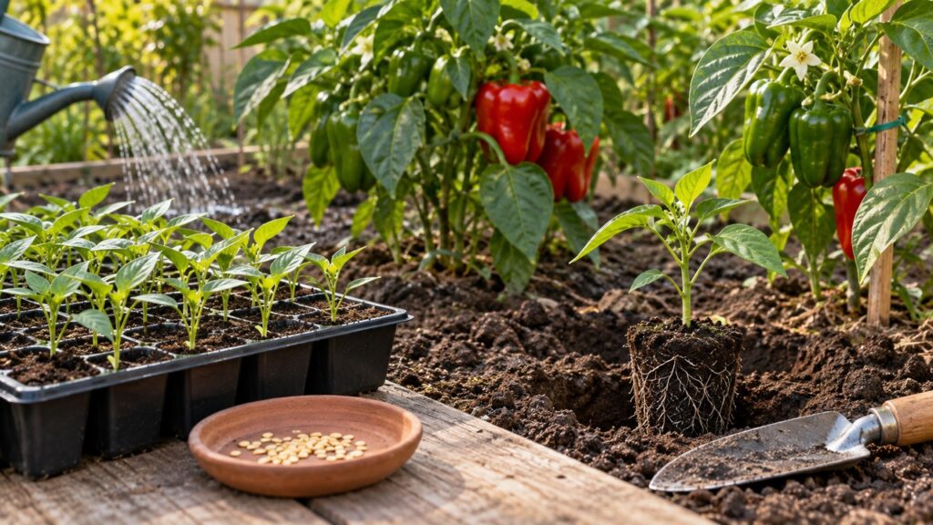 Semillas de pimiento y plántulas jóvenes en un semillero