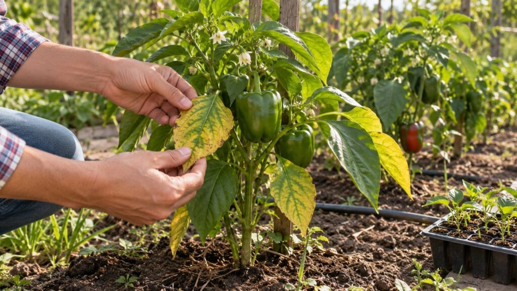 Revisión de una hoja amarillenta de pimiento