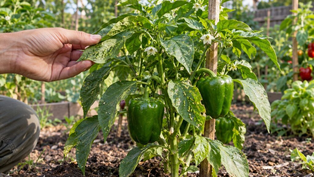Pulgones en hojas de una planta de pimiento