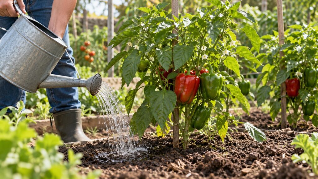 Riego del suelo de una planta de pimiento