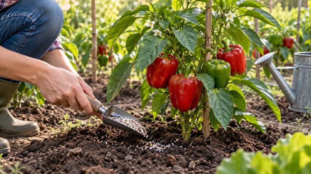 Aplicación de fertilizante granulado alrededor de una planta de pimiento