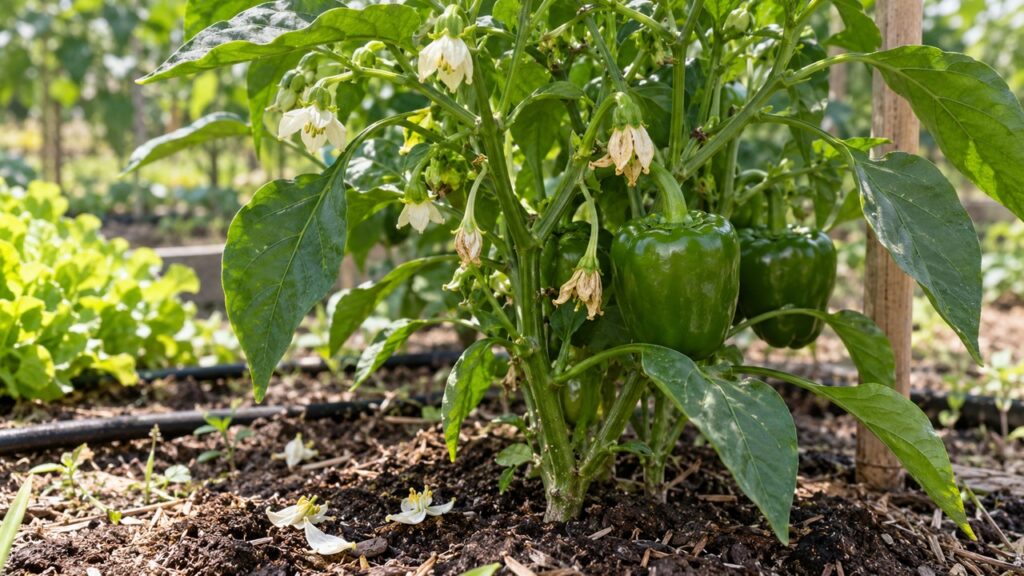 Flores de pimiento marchitas y caídas alrededor de la planta