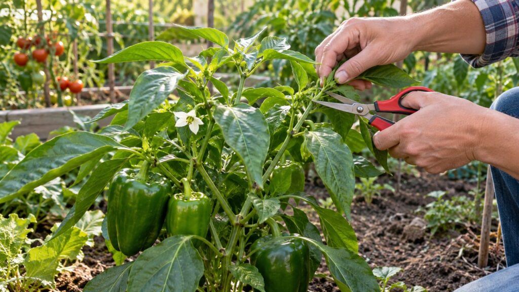 Poda selectiva de un pequeño brote de pimiento