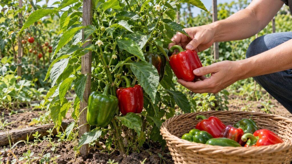 Cosecha de un pimiento rojo maduro en el huerto