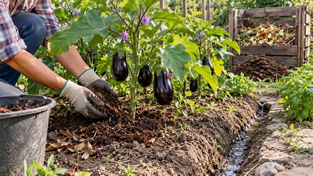 Aplicación de materia orgánica madura alrededor de berenjenas