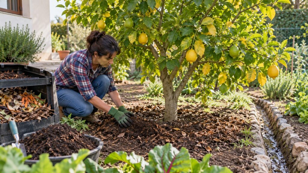 Revisión del suelo de un limonero con hojas amarillentas