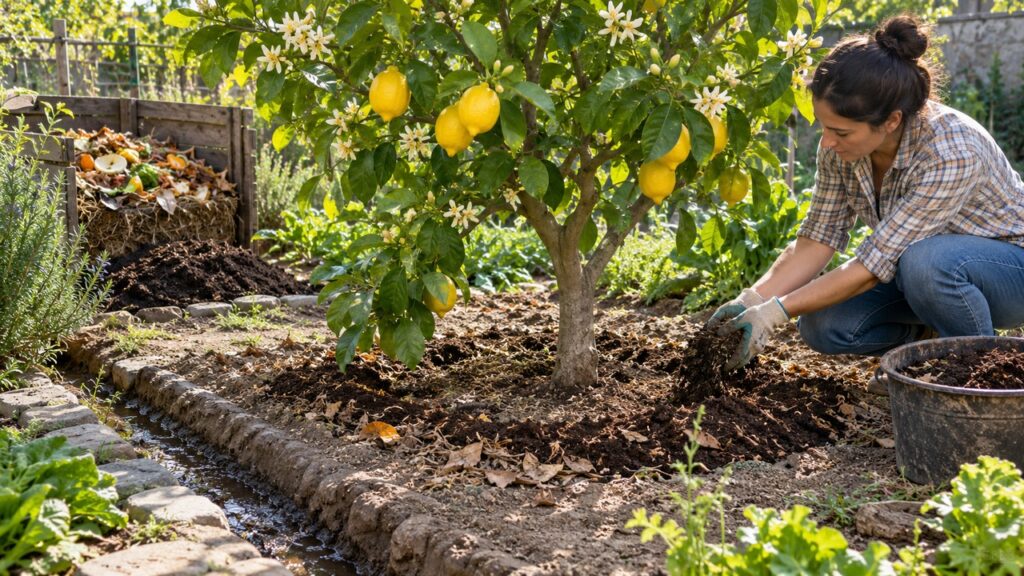 Aplicación de compost maduro alrededor de un limonero