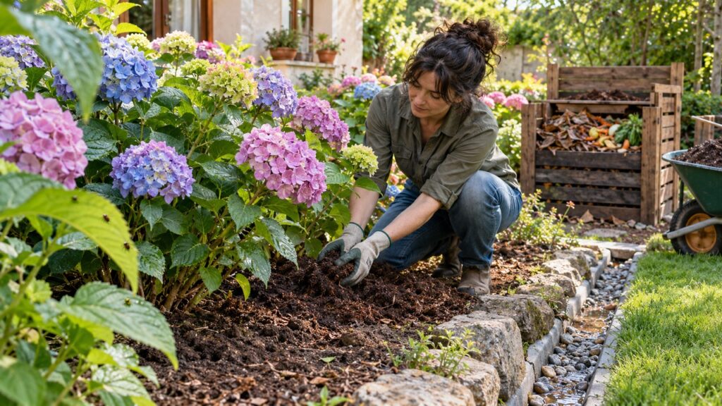Cuidados del suelo junto a hortensias en flor