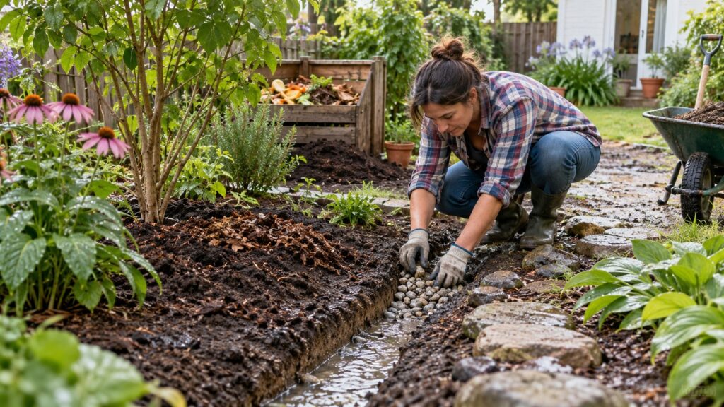 Preparación de un canal de drenaje junto a un bancal