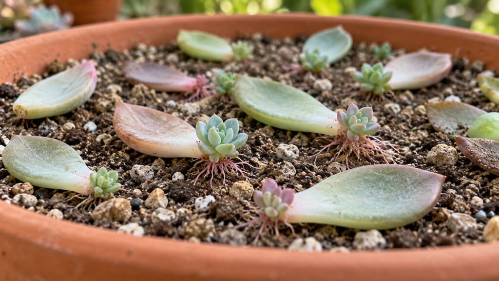 Hojas de suculentas con pequeñas raíces y nuevos brotes