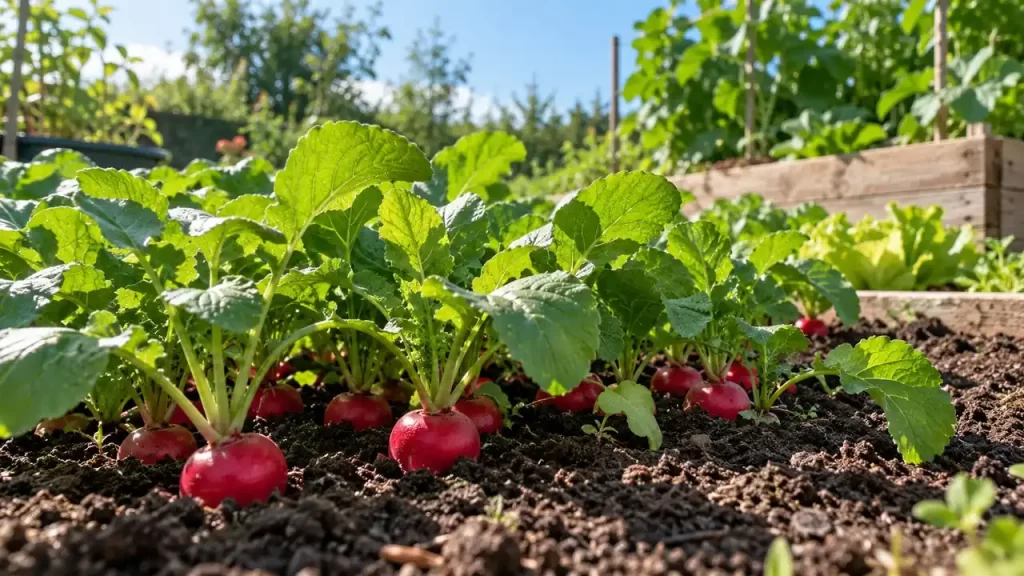Rábanos rojos creciendo en tierra de huerto con hojas verdes bajo luz natural