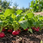 Rábanos rojos creciendo en tierra de huerto con hojas verdes bajo luz natural