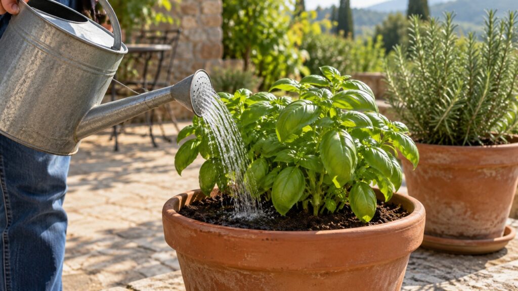 Riego del sustrato de una albahaca en maceta