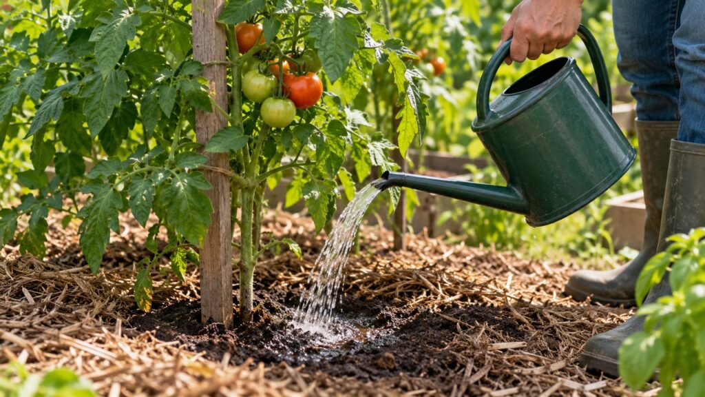 Riego del suelo junto a una tomatera entutorada