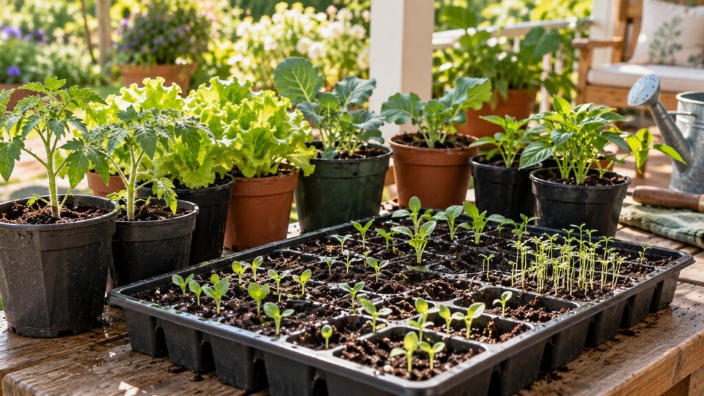 Semillero de hortalizas y plantas jóvenes en un patio luminoso