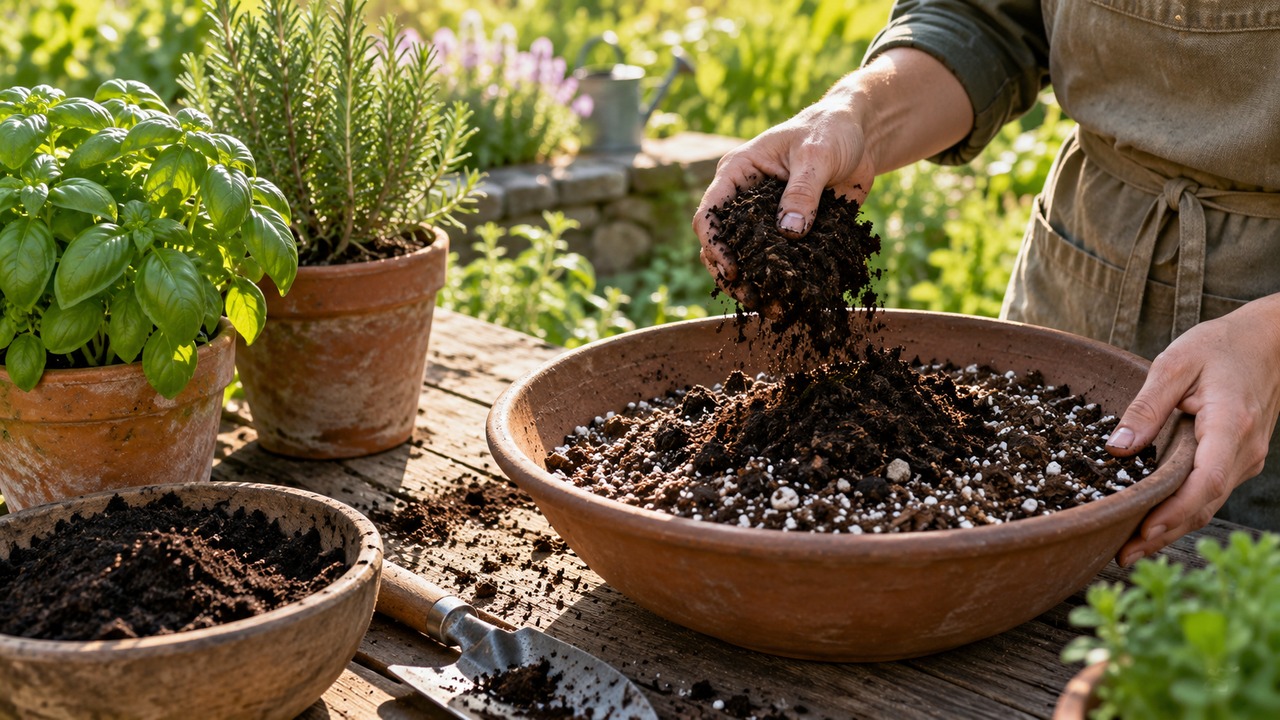 Preparación de sustrato con compost maduro para plantas aromáticas