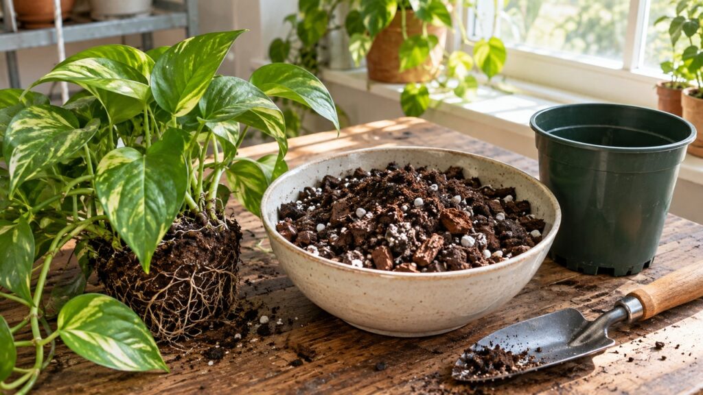Mezcla de sustrato con perlita y corteza para plantas de interior