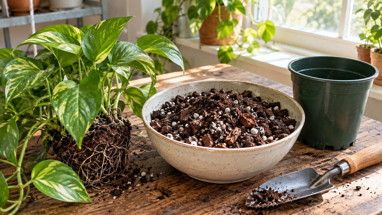 Mezcla de sustrato con perlita y corteza para plantas de interior