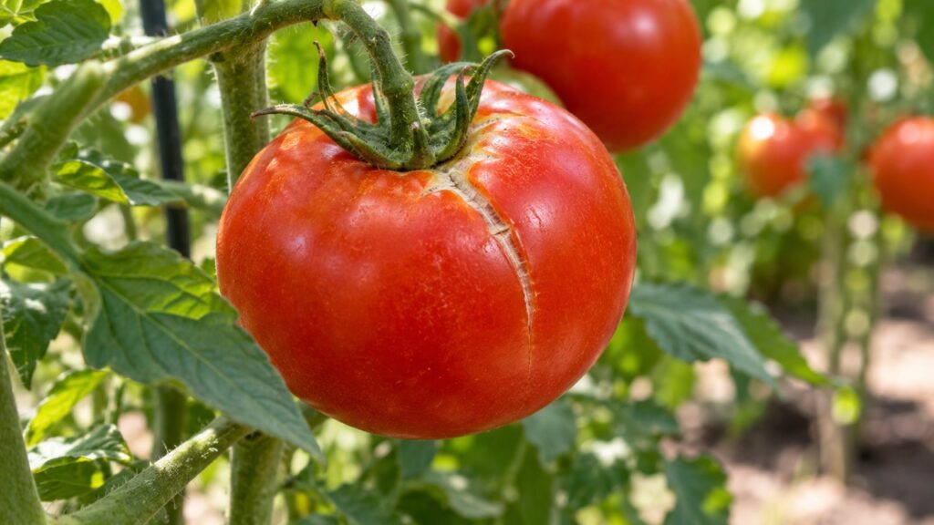 Tomate maduro con una grieta radial cerca del pedúnculo