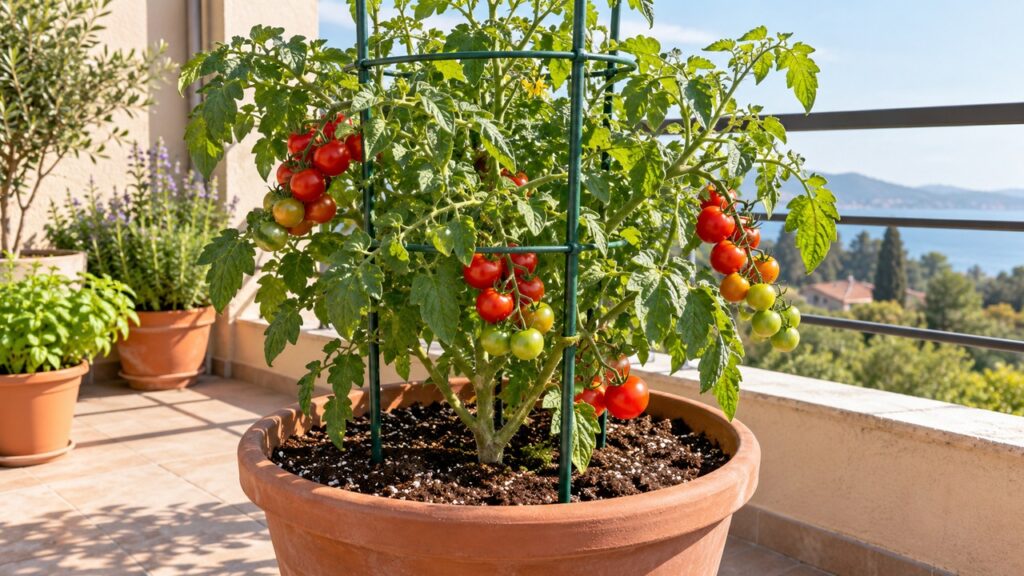 Tomatera con frutos y tutor en una maceta amplia