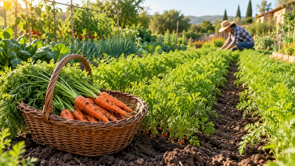 Huerto de zanahorias con una cesta de raíces recién cosechadas